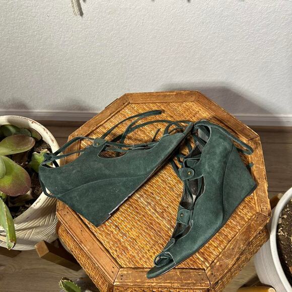 J CREW Green Suede Peep Toe Tie Lace Up Leather Suede Wedge Sandals 8,5 - Picture 3 of 8